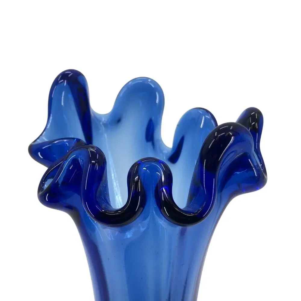 Vintage Cobalt Blue Ruffled Top Vase 9.5” Tall Heavy Finger Swung flower glass - Picture 5 of 5